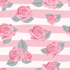 Retro floral seamless pattern. Roses with leaves on pink and white striped background. Vector illustration.