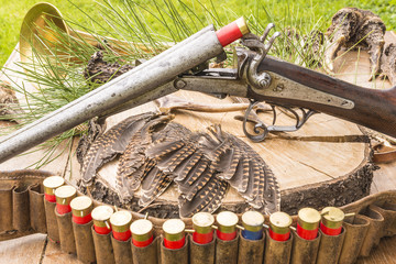 Vintage hunting gun, hunter cartridge belt, antlers, feathers, hunting horn on a stump...