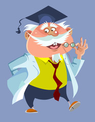 cartoon chubby male professor in a robe and cap
