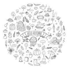 Hand drawn doodle Autumn icons set. Vector illustration. Fall symbols collection. Cartoon various seasonal elements: turkey, harvest, vegetables, pumpkin pie, leaves, trees, hot tea, wine, mushrooms
