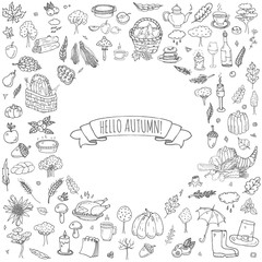 Obraz premium Hand drawn doodle Autumn icons set. Vector illustration. Fall symbols collection. Cartoon various seasonal elements: turkey, harvest, vegetables, pumpkin pie, leaves, trees, hot tea, wine, mushrooms