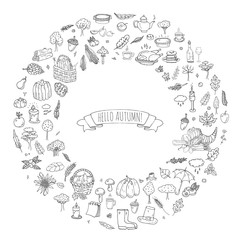 Hand drawn doodle Autumn icons set. Vector illustration. Fall symbols collection. Cartoon various seasonal elements: turkey, harvest, vegetables, pumpkin pie, leaves, trees, hot tea, wine, mushrooms