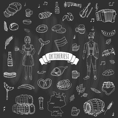 Hand drawn doodle set of Oktoberfest icons. Vector illustration set. Cartoon Bavarian elements. Sketchy October fest collection: Sausage, Barrels of Beer, Bread, Girl and Man in traditional costumes.