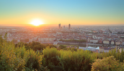 Lyon during a warm, summer sunrise. Seen from Fourviere Baslilica.