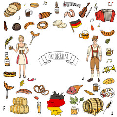 Hand drawn doodle set of Oktoberfest icons. Vector illustration set. Cartoon Bavarian elements. Sketchy October fest collection: Sausage, Barrels of Beer, Bread, Girl and Man in traditional costumes.