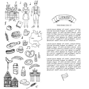 Hand drawn doodle set of Germany icons. Vector illustration set. Cartoon German landmark. Sketchy Europe travel elements collection: Sausage, Beer, Wheat bread, football, tennis, classic music, castle