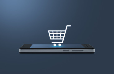 Shopping cart icon on modern smart phone screen over light blue