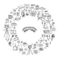 Hand drawn doodle Cinema set. Vector illustration. Movie making icons. Film symbols collection. Cinematography freehand elements: camera, film tape, photo camera, pizza, popcorn, projector, microphone