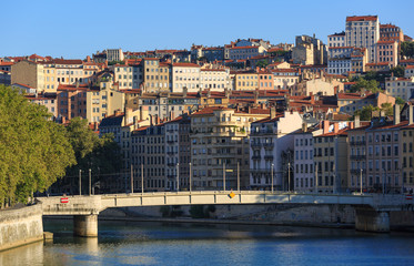Obraz premium Pont de la Feuillee and Croix Rousse on a summers day in Lyon, France