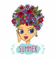 hand-drawn woman face with abstract hair as a luxury bouquet of flowers in the shape of a circle.