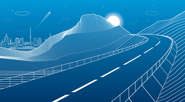 Highway in the mountains, night scene, neon city on background, white lines landscape, vector design art