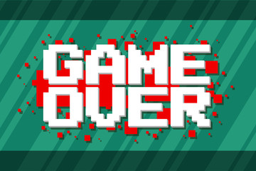 Pixel computer game over screen on red background