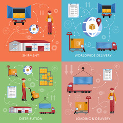 Warehouse process infographics four banners. Supply chain illustration. Logistic concept vector illustration. Worldwide delivery infographics. Distribution process.