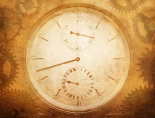 Grunge clock face and gear. Retro style.