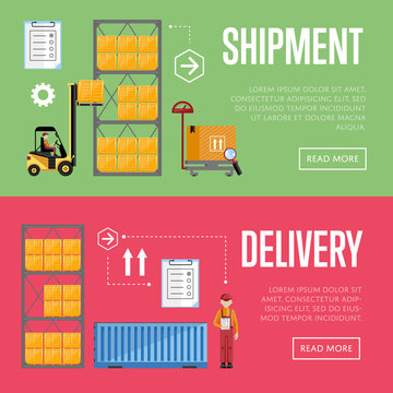 Shipment and delivery banners set vector illustration. Warehouse process infographics. Porter on a truck to ship the goods. Warehouse management concept. Flat design illustration.