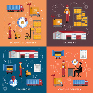 Warehouse process infographics four banners. Supply chain illustration. Logistic concept vector illustration. Forklift on the work.