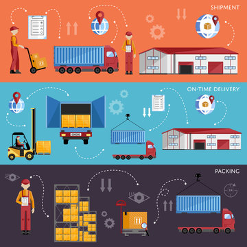 Warehouse management concept flat design vector illustration. Shipment and delivery banners set. Warehouse process infographics. Porter on a truck to ship the goods.
