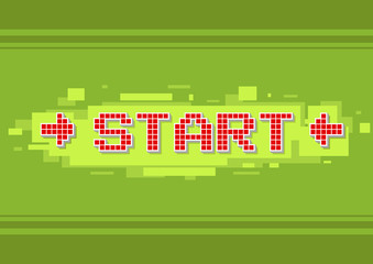 Pixel red start button on green background