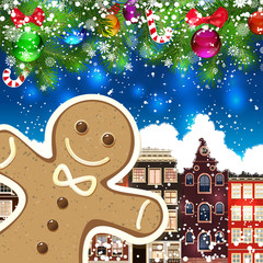 Gingerbread man on the background of snow-covered streets.
