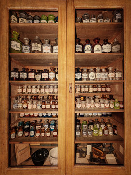 Bottles on the shelf in old pharmacy