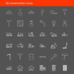 Vector outline construction icons on dark background