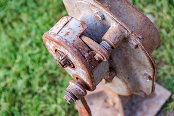 House lifting jack. Old rusty mechanical screw jack. Close-up