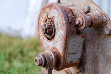 House lifting jack. Old rusty mechanical screw jack. Close-up
