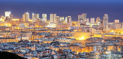 Spain, Cityscape of Barcelona at night.