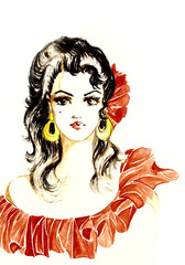 Colorful drawn Gypsy  in red dress and gold earrings by watercolor