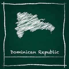 Dominican Republic outline vector map hand drawn with chalk on a green blackboard. Chalkboard scribble in childish style. White chalk texture on green background.