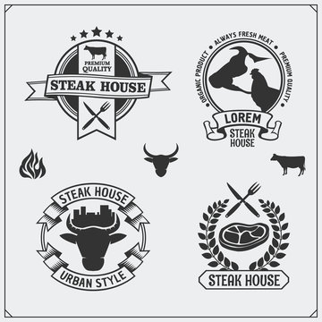 BBQ Collection. Set of vintage grill steak labels, badges and emblems. 