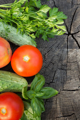 Fresh vegetables on a stump.