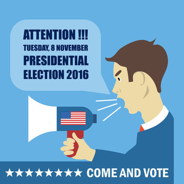 Usa 2016 election card with a character with megaphone giving details to come and vote. Digital vector image