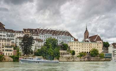 Embankment of the Rhine river in the Swiss city of Basel. Switzerland.