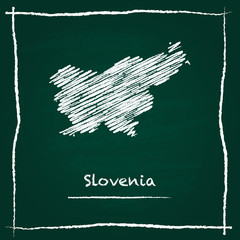 Slovenia outline vector map hand drawn with chalk on a green blackboard. Chalkboard scribble in childish style. White chalk texture on green background.