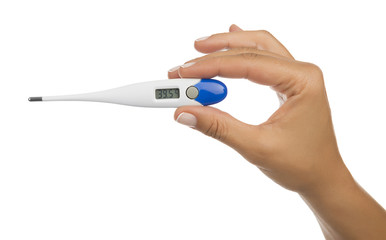 Studio image of an electronic thermometer showing high body temperature of 39.5 degrees Celsius isolated .