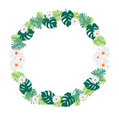 Daisy flowers with green leafs frame design; illustration for decoration