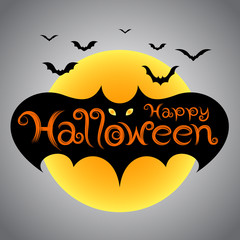 Happy Halloween in bat shape. Halloween lettering banner. Bat silhouette with full moon. Vector illustration