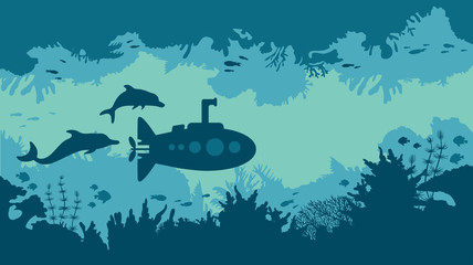 Silhouette of submarine, coral reef and fish. © Natali Snailcat