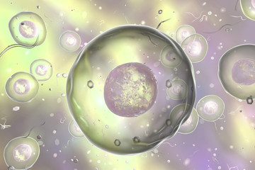 Human or animal cells on colorful background, 3D illustration.
