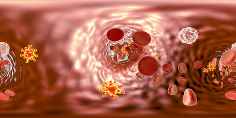 360-degree spherical panorama view of HIV (AIDS viruses) in blood with red blood cells and white blood cells. 3D illustration