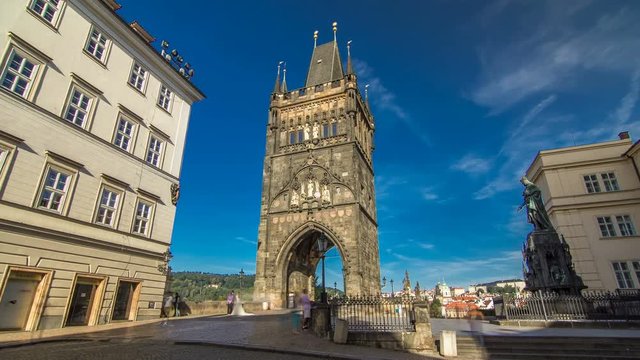 Old Town Bridge Tower of the Charles Bridge timelapse hyperlapse - one of the most beautiful Gothic constructions in world.