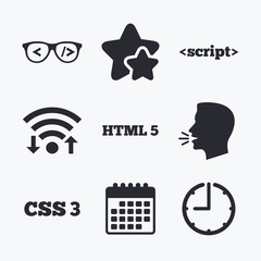 Programmer coder glasses. HTML markup language.