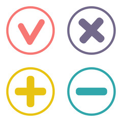 colored icons check marks cross, plus and minus