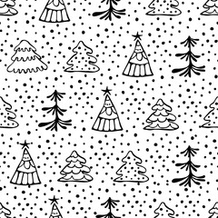 Seamless vector pattern with christmas tree. Hand drawn black and white endless background with fir tree and snow