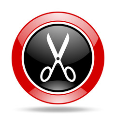 scissors red and black web glossy round icon