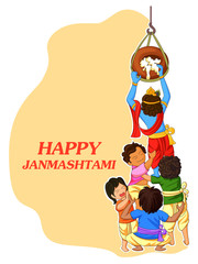 Fototapeta premium Krishna with friends playing dahi handi in Janmashtami