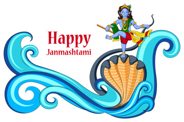 Krishna dancing on Kaliya naag snake on Happy Janmashtami background
