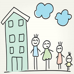 Hand Drawing of house and children