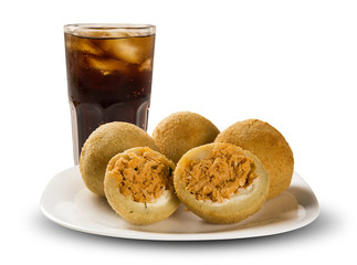 Brazilian snack. chicken dumpling with curd on white background.